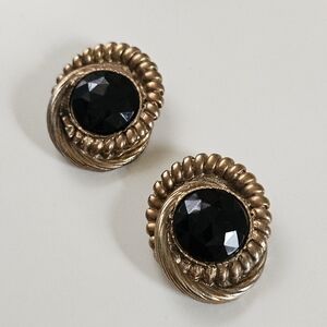 Vintage Bluette Made in France Heavy Gold Tone and Black Glass Shoe Clips